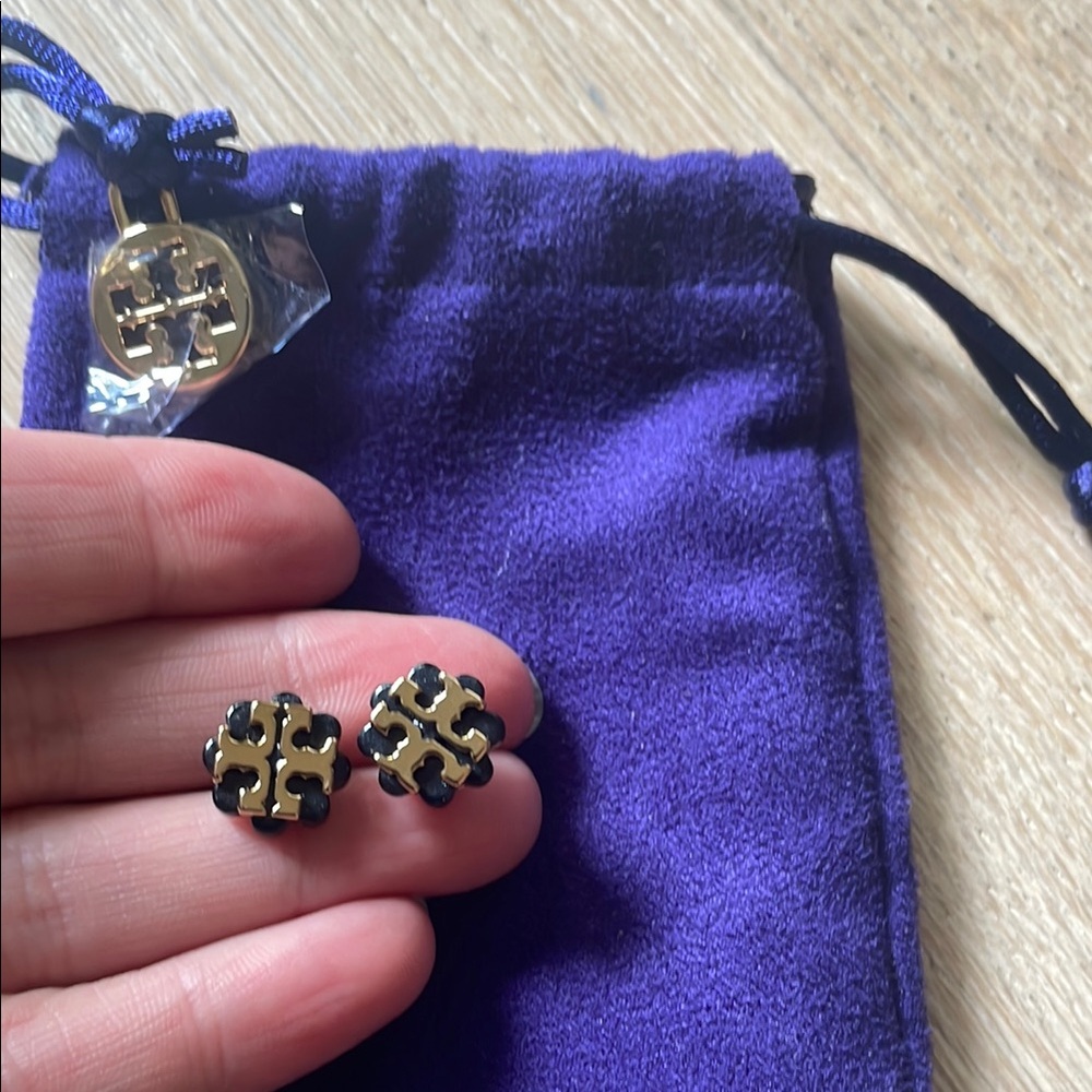 Tory Burch Gold and Black Logo Stud Earrings